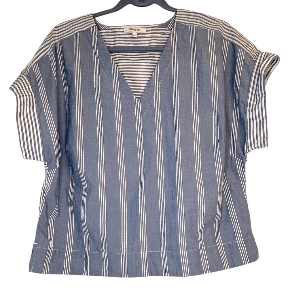 Madewell Blue and White Striped V-Neck Loose Boxy Fit Blouse Sailor Chic Preppy - Picture 3 of 10